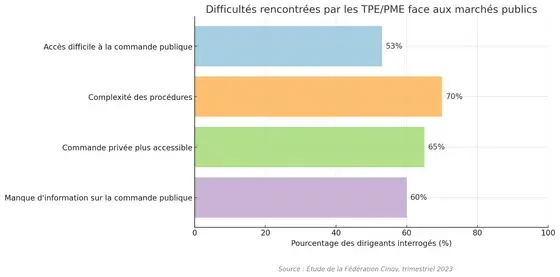 Graphique illustrant les principales difficultés rencontrées par les TPE/PME dans l’accès aux marchés publics, notamment la complexité des p