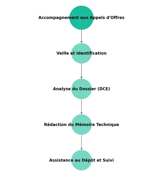 Schéma illustrant le processus d’accompagnement aux appels d’offres : veille, analyse du DCE, rédaction du mémoire technique et dépôt du dos